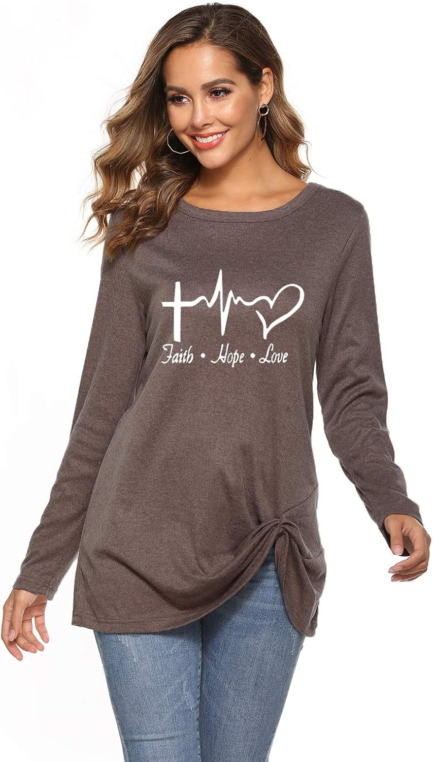 Faith Hope Love Knot Front Long Sleeve Tunic for Women