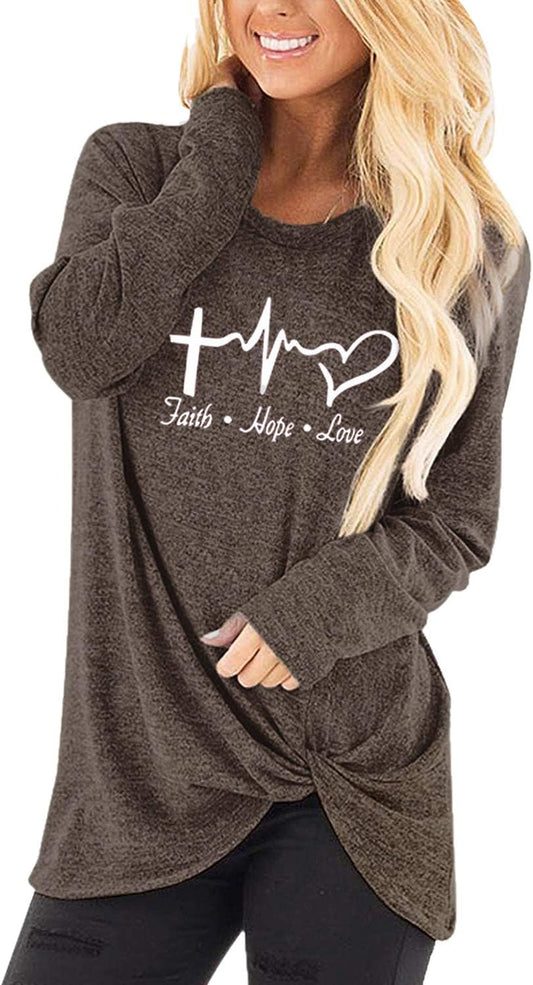 Faith Hope Love Knot Front Long Sleeve Tunic for Women