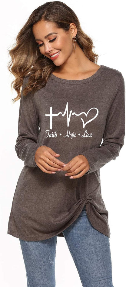 Faith Hope Love Knot Front Long Sleeve Tunic for Women