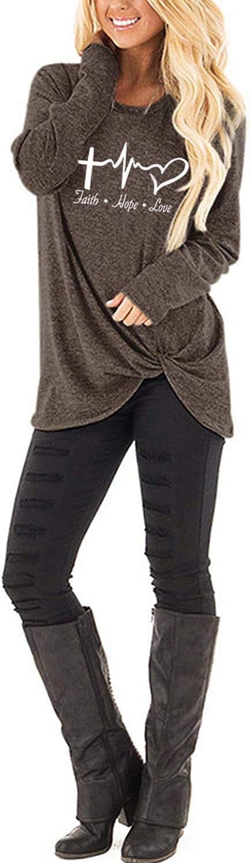 Faith Hope Love Knot Front Long Sleeve Tunic for Women